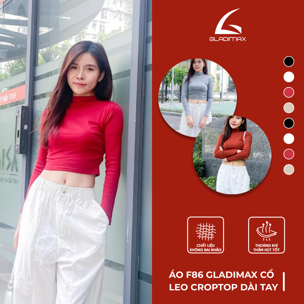 Áo Croptop Tay Dài F86 Thời Trang Hottrend Gladimax, Áo Thun Nữ Cổ Leo Nhún Eo Cá Tính Trẻ Trung Chất Cotton