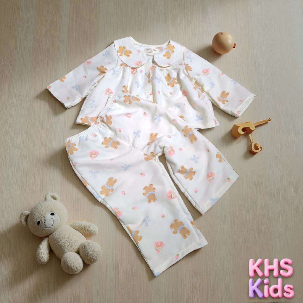 Bộ Ngủ bé gái chất đũi lạnh hàn quần dài tay dài dáng rộng rãi thoải mãi.