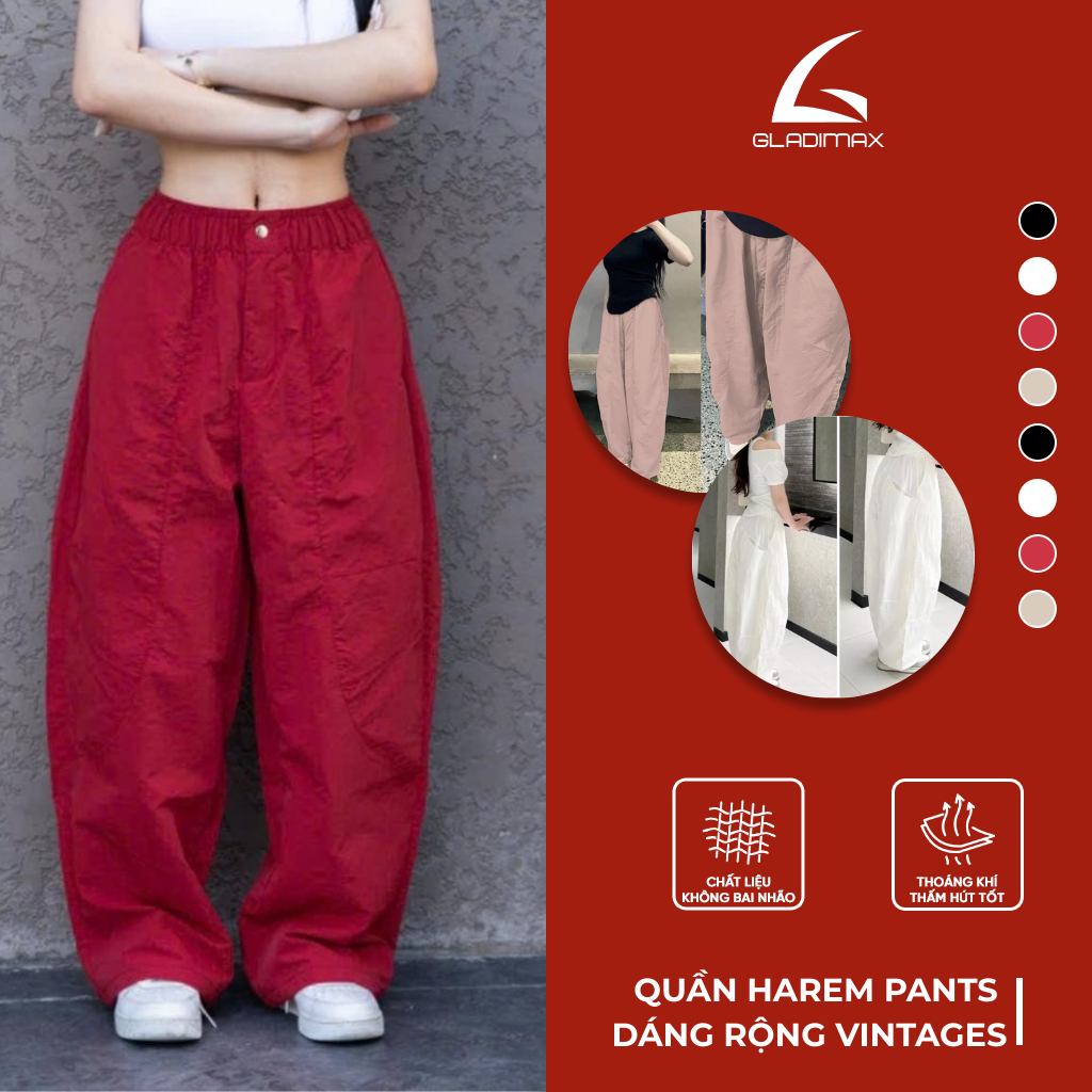 Quần Harem Pants Vintage Unisex Thời Trang Hottrend Gladimax, Quần Thụng Ống Rộng Hack Dáng Phong Cách Nhật Bản
