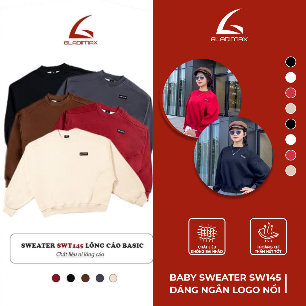 Baby sweater sw145 dáng ngắn logo Gladimax nổi,nỉ lông cáo dày dặn,dáng boxy siêu xinh, cá tính