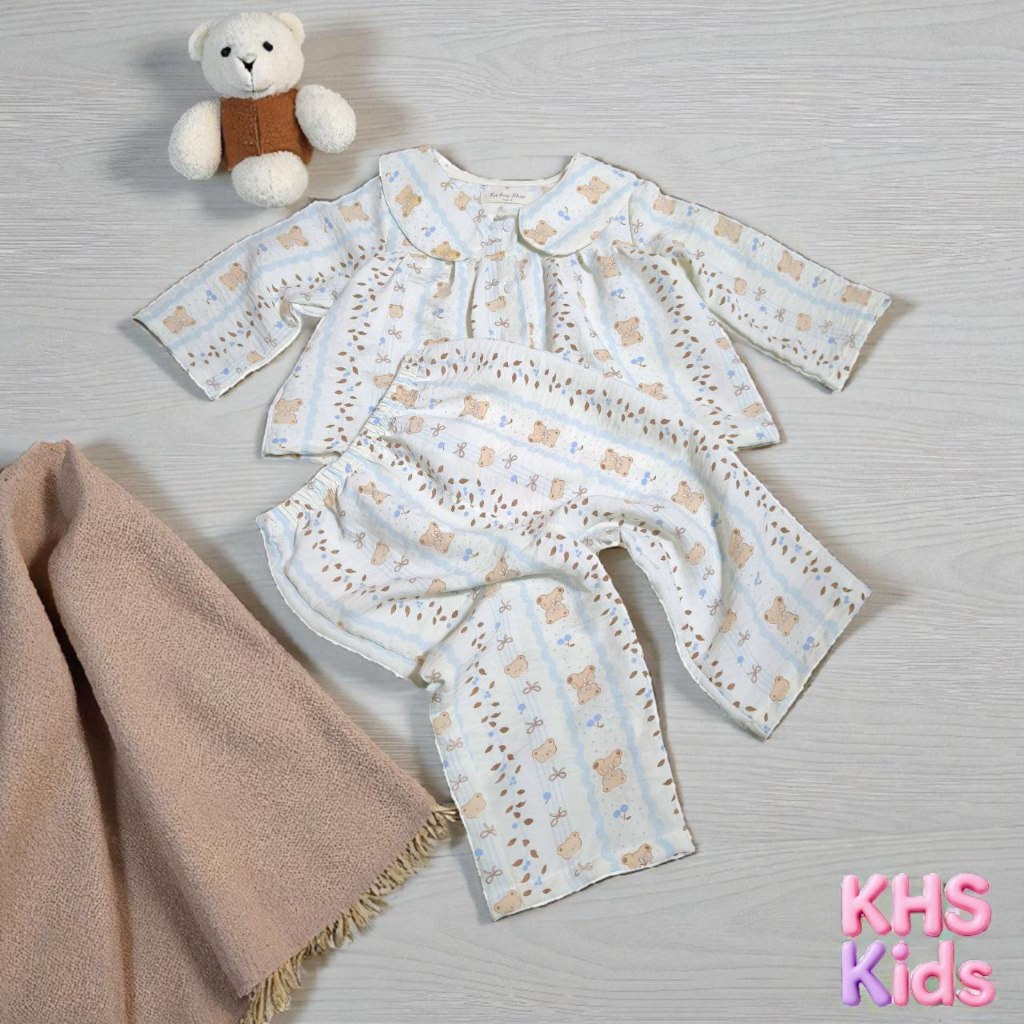 Bộ Ngủ bé gái chất đũi lạnh hàn quần dài tay dài dáng rộng rãi thoải mãi.
