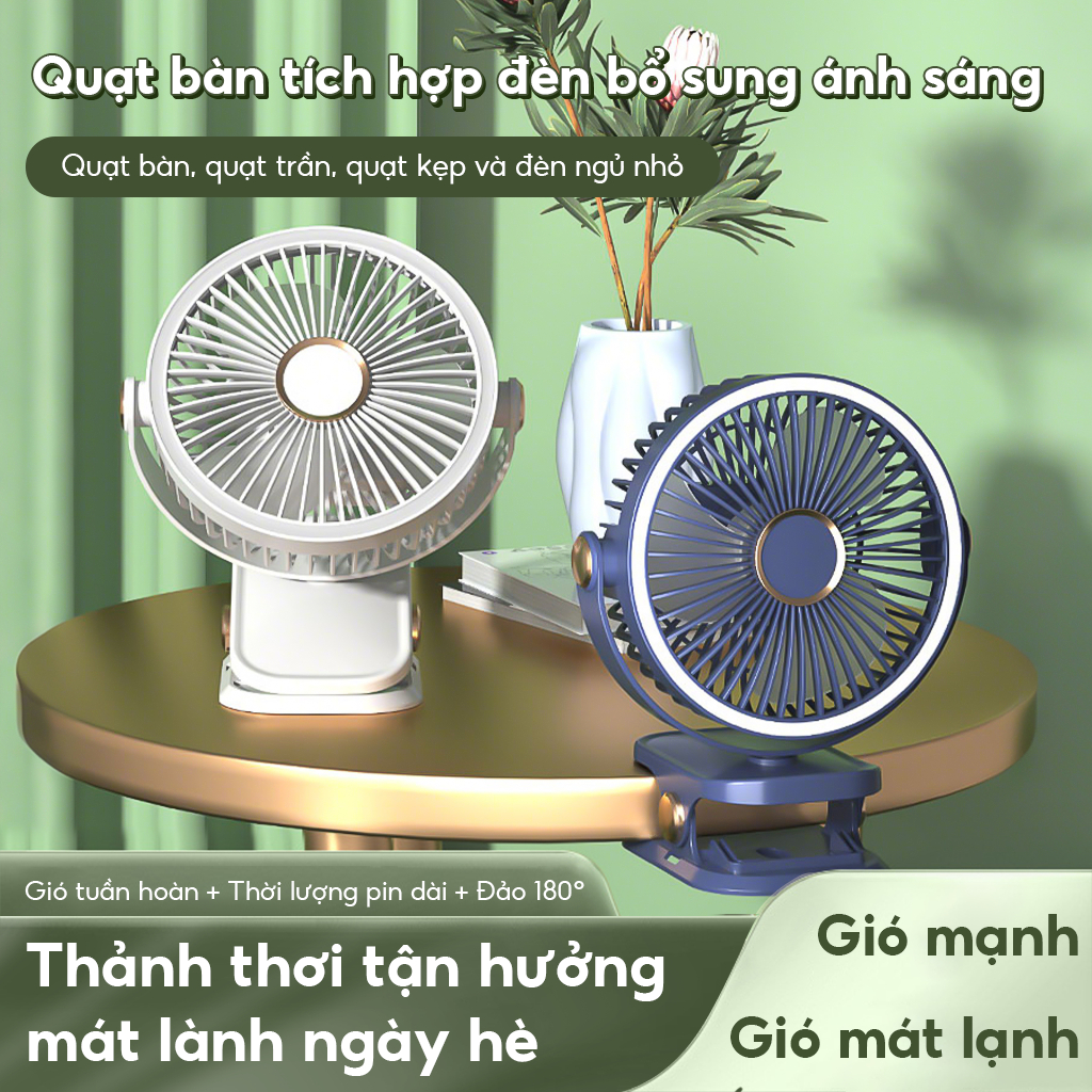 Quạt mini để bàn 5 mức gió, pin 7000mAh F12 Quạt máy tính để bàn,Điều chỉnh tốc độ 5 tốc độ xoay 720° tích hợp LED đèn