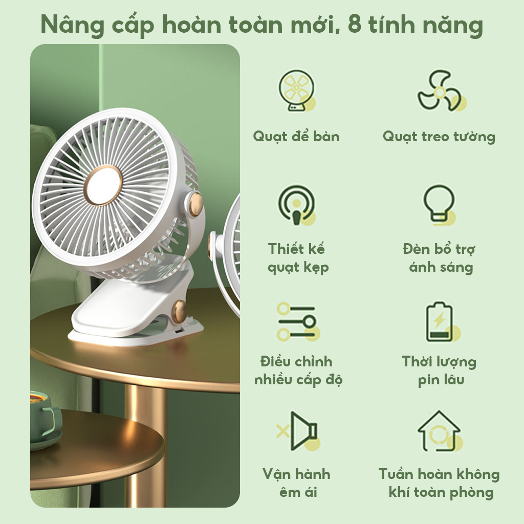 Quạt mini để bàn 5 mức gió, pin 7000mAh F12 Quạt máy tính để bàn,Điều chỉnh tốc độ 5 tốc độ xoay 720° tích hợp LED đèn