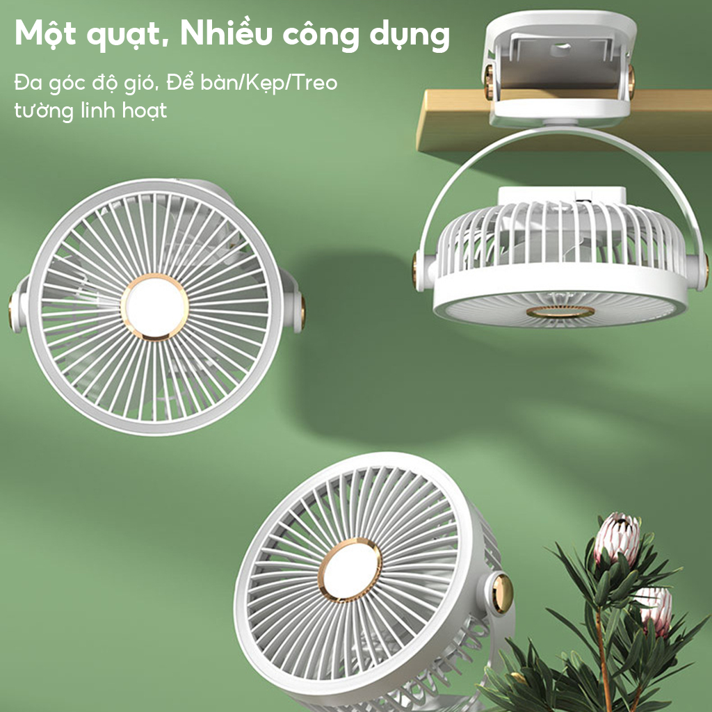 Quạt mini để bàn 5 mức gió, pin 7000mAh F12 Quạt máy tính để bàn,Điều chỉnh tốc độ 5 tốc độ xoay 720° tích hợp LED đèn
