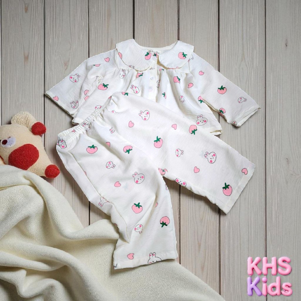 Bộ Ngủ bé gái chất đũi lạnh hàn quần dài tay dài dáng rộng rãi thoải mãi.