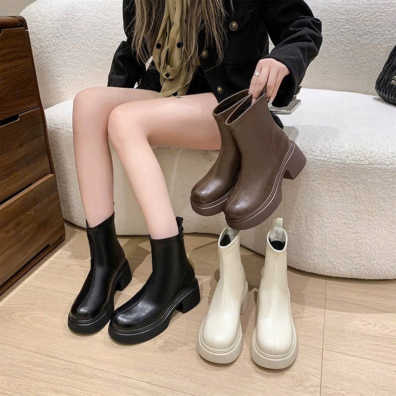 Giày nữ, giày bốt nữ cổ tròn đế cao 6cm phong cách Hàn