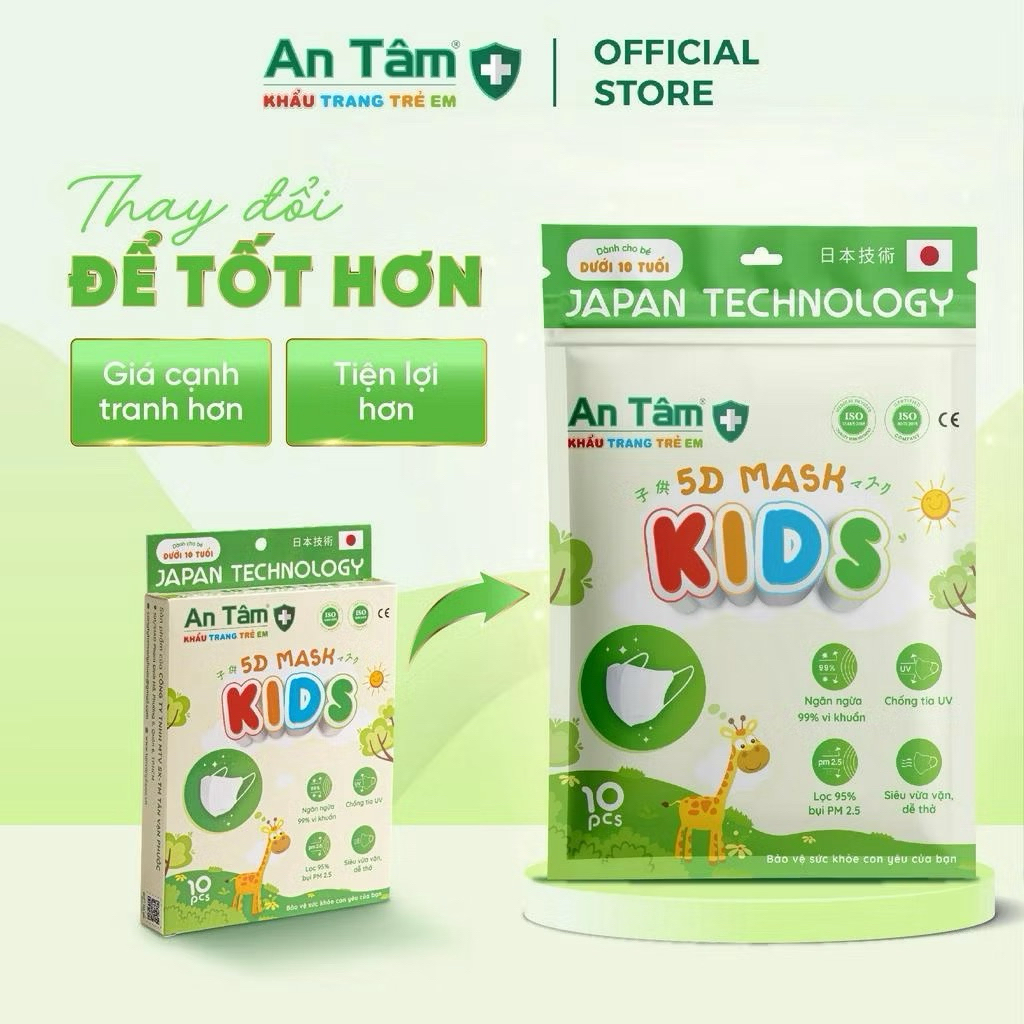 5D MASK KID - Set 200 cái - Khẩu trang y tế kháng khuẩn trẻ em chính hãng An Tâm, bảo vệ tối ưu, họa tiết dễ thương
