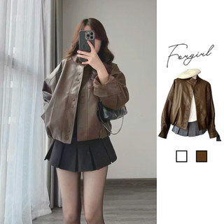 Áo khoác da nữ cổ tàu dáng bomber Forgirl áo da nữ oversize phối cúc chất liệu da PU mềm T206