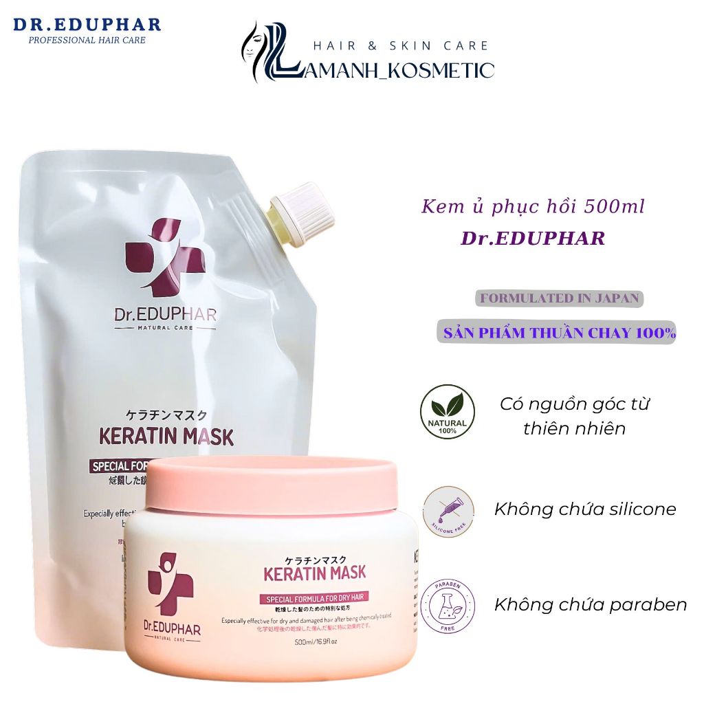 Bộ Gội Xả Ủ Tóc Dr.EDUPHAR Keratin 750ml/500ml | Chăm Sóc Tóc Khô Xơ, Mềm Mượt Dễ Chải.