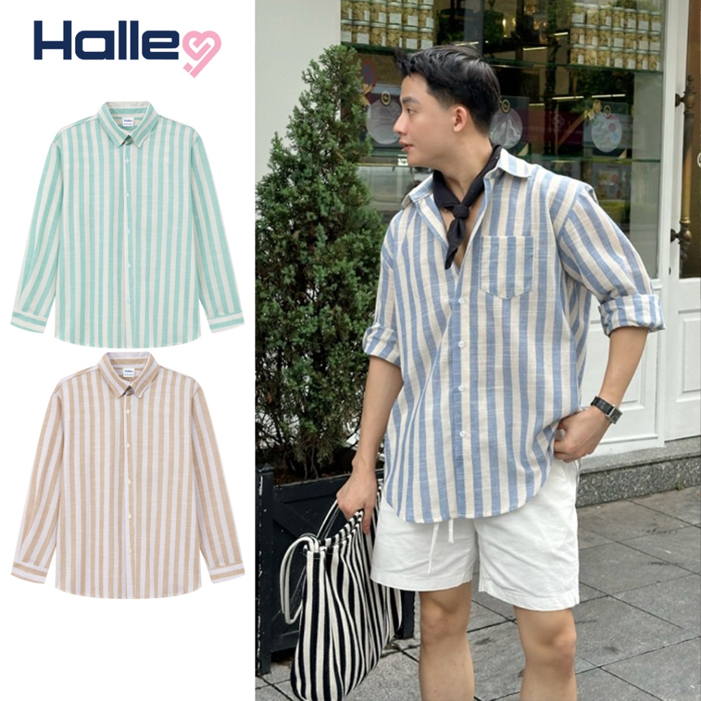 Áo Sơ Mi Nam Kẻ Sọc Form Rộng Oversize Dài Tay Cổ Bẻ Vải Linen Cao Cấp Thời Trang HALLEY A14