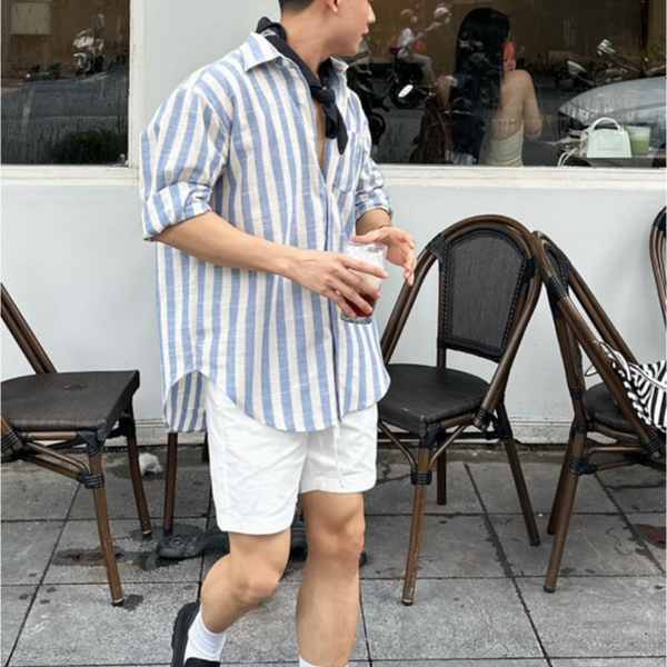 Áo Sơ Mi Nam Kẻ Sọc Form Rộng Oversize Dài Tay Cổ Bẻ Vải Linen Cao Cấp Thời Trang HALLEY A14