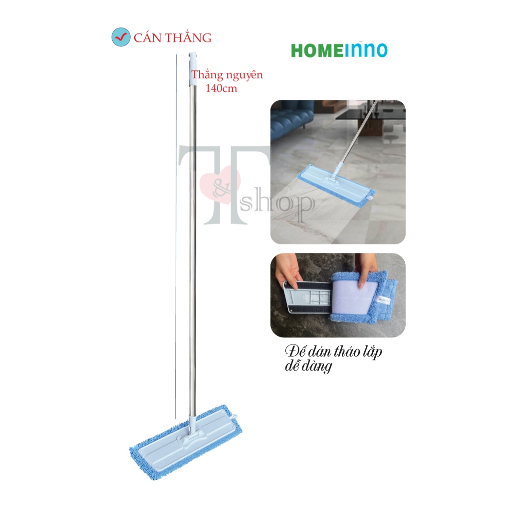 Cây Lau Nhà CÁN THẲNG Đế Nhựa Dán Microfiber San Hô/Xoắn 45cm Homeinno Cán Dài 1m40