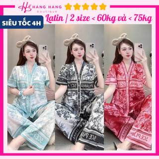 Đồ ngủ nữ pijama dài cộc tay cổ v chữ y kèm cột tóc bigsize lụa latin mịn mát 2SCD03, đồ bộ nữ đồ mặc nhà rừng cao cấp