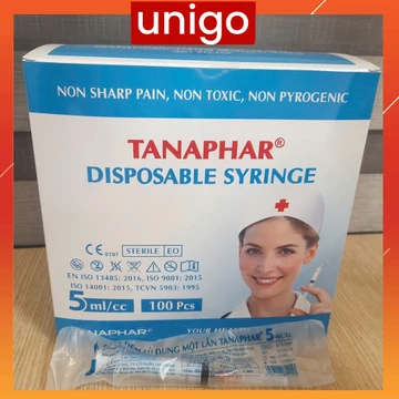 Hộp 100 cây bơm tiêm 5ml sử dụng một lần, Hộp bơm kim tiêm 5ml ống chích sử dụng 1 lần tiệt trùng Tanaphar (100 chiếc)