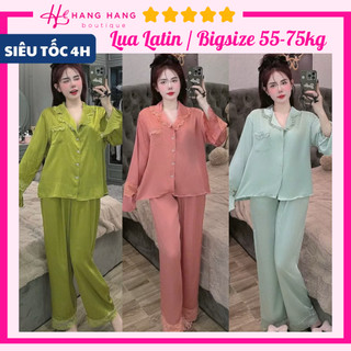Đồ ngủ nữ bigsize 55-75kg, pijama dài tay bèo viền ren lụa latin mịn mát 75DD30, đồ bộ nữ đồ mặc nhà trơn sang chảnh