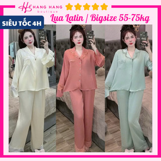 Đồ ngủ nữ bigsize 55-75kg, pijama dài tay bèo viền ren lụa latin mịn mát 75DD30, đồ bộ nữ đồ mặc nhà trơn sang chảnh