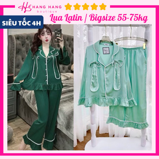 Đồ ngủ nữ bigsize 55-75kg, pijama dài tay bèo chạy viền phối nơ to lụa latin mịn mát 75DD31, đồ bộ nữ đồ mặc nhà trơn