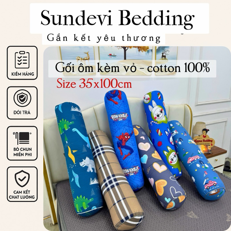 Gối Ôm Người lớn Vỏ Cotton 100%,Mềm Mát,Có Khoá Kéo Tiện Lợi,SUNDEVI BEDDING,Gối Ôm DÀI 100CM bo tròn 2 đầu