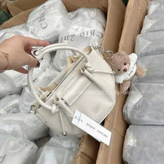 Chio2nd - Tặng Charm - Túi chio làn trắng Nhún miệng siêu xinh tặng kèm gấu cute size 18cm (Ko hộp)