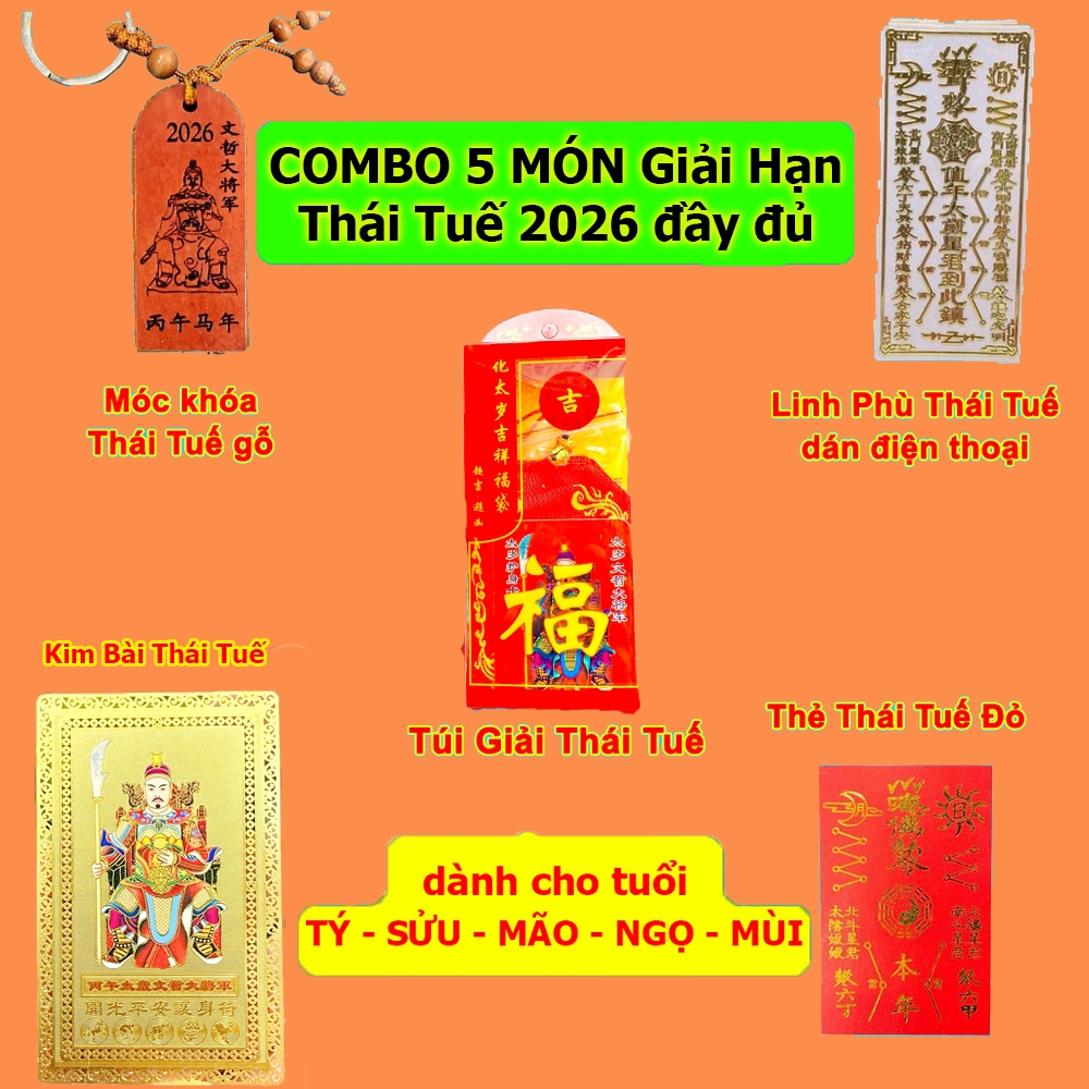 [TÔI RẺ] Combo Trọn Bộ Set 5 Món Thái Tuế 2026 : Túi Thái Tuế - Móc Khóa - Kim Bài - Thẻ Thái Tuế Đỏ - Phù