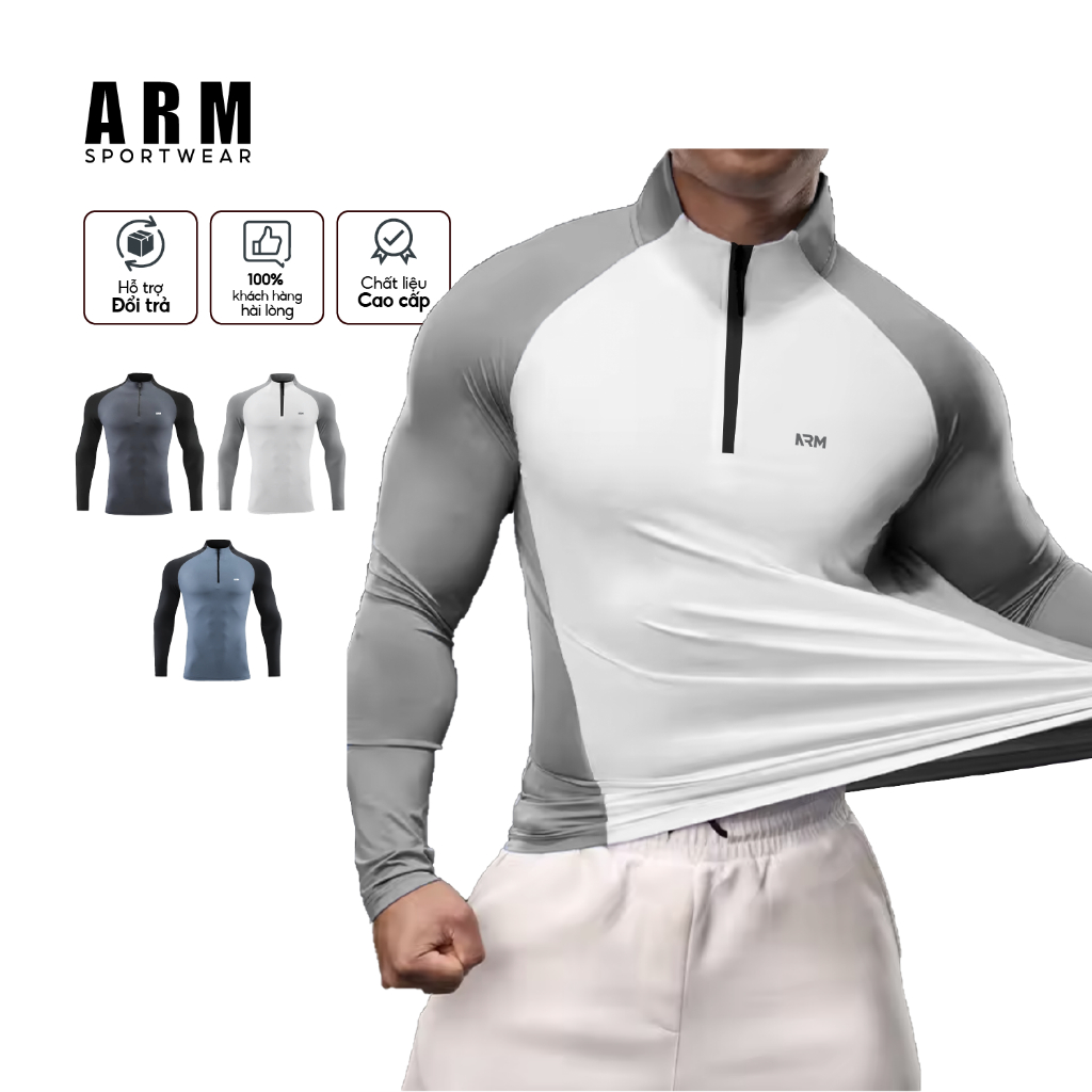 Áo Thun Giữ Nhiệt Dài Tay Raglan Phối Màu ARM Cổ Trụ Kéo Khóa, Áo Thể Thao Dài Tay co giãn