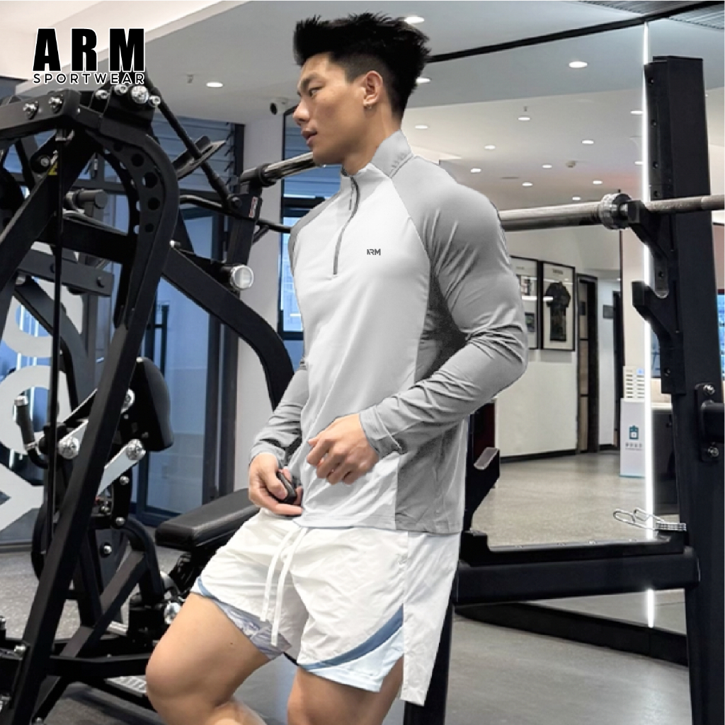 Áo Thun Giữ Nhiệt Dài Tay Raglan Phối Màu ARM Cổ Trụ Kéo Khóa, Áo Thể Thao Dài Tay co giãn