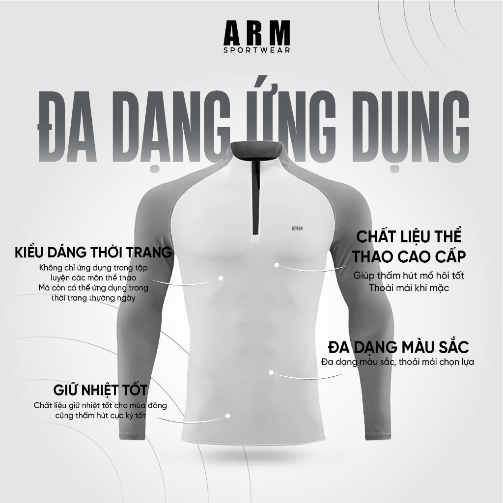 Áo Thun Giữ Nhiệt Dài Tay Raglan Phối Màu ARM Cổ Trụ Kéo Khóa, Áo Thể Thao Dài Tay co giãn