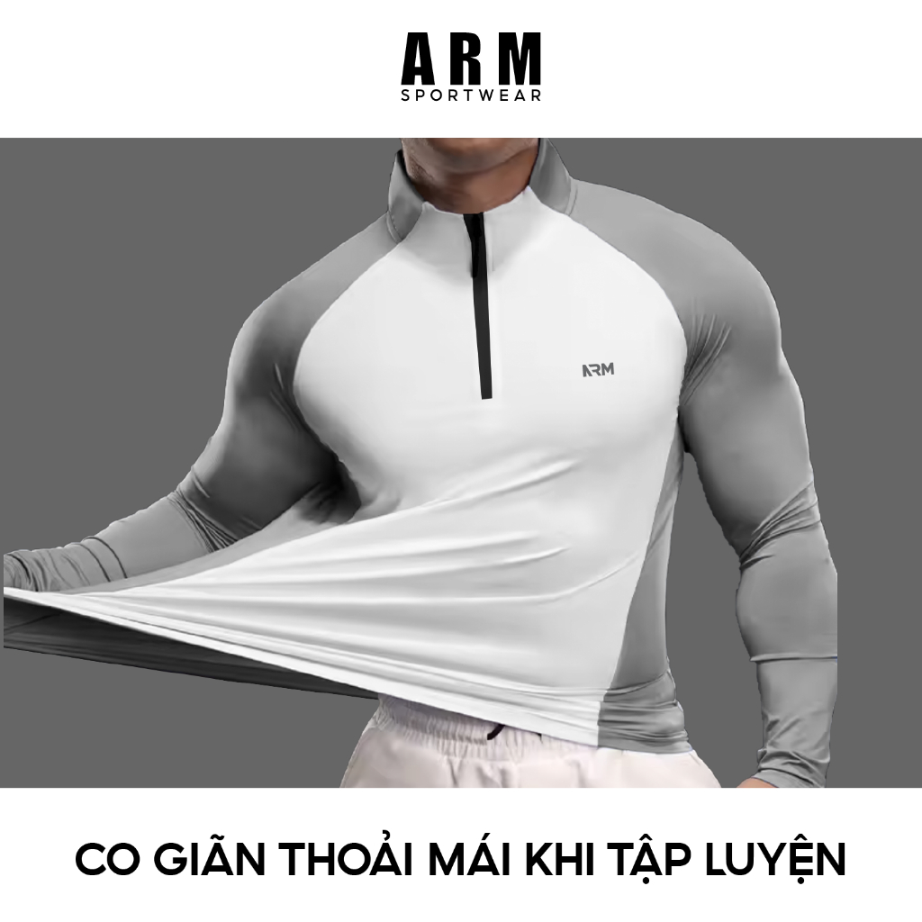 Áo Thun Giữ Nhiệt Dài Tay Raglan Phối Màu ARM Cổ Trụ Kéo Khóa, Áo Thể Thao Dài Tay co giãn