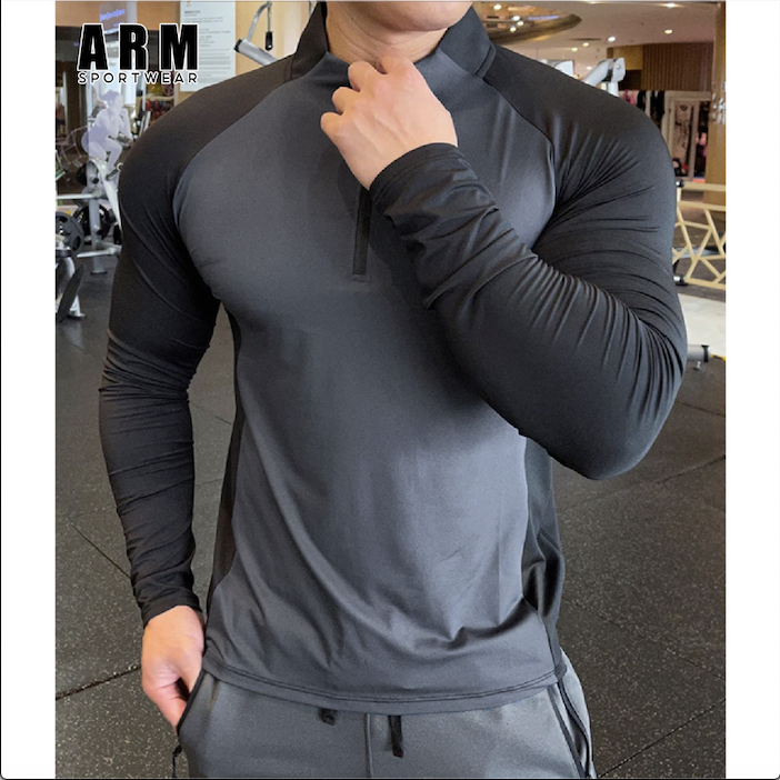 Áo Thun Giữ Nhiệt Dài Tay Raglan Phối Màu ARM Cổ Trụ Kéo Khóa, Áo Thể Thao Dài Tay co giãn
