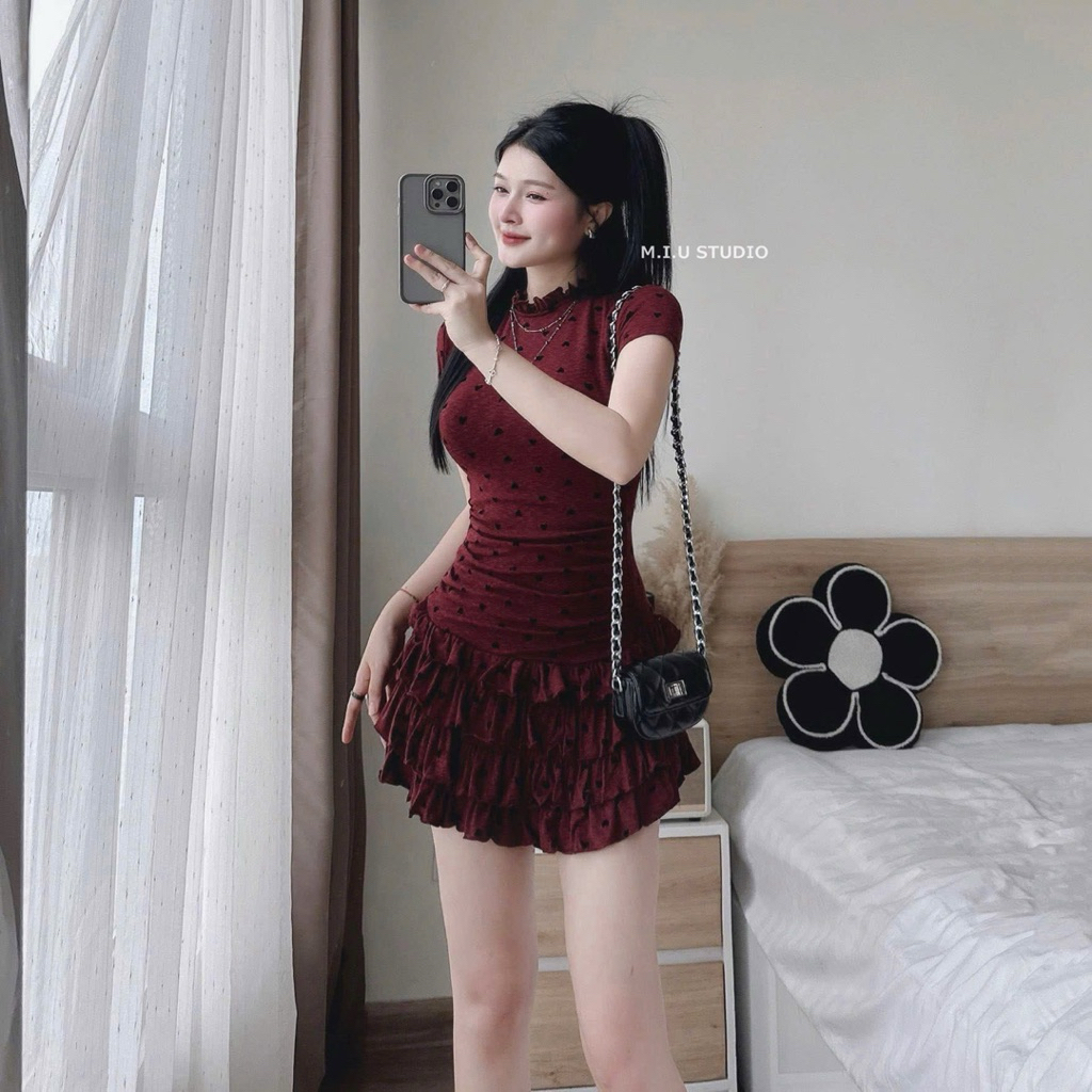MIU.STUDIO • Váy tim cổ bèo cộc tay thiết kế chân ngắn xoè xếp tầng bèo nhún eo tôn dáng  (kèm quần bảo hộ)
