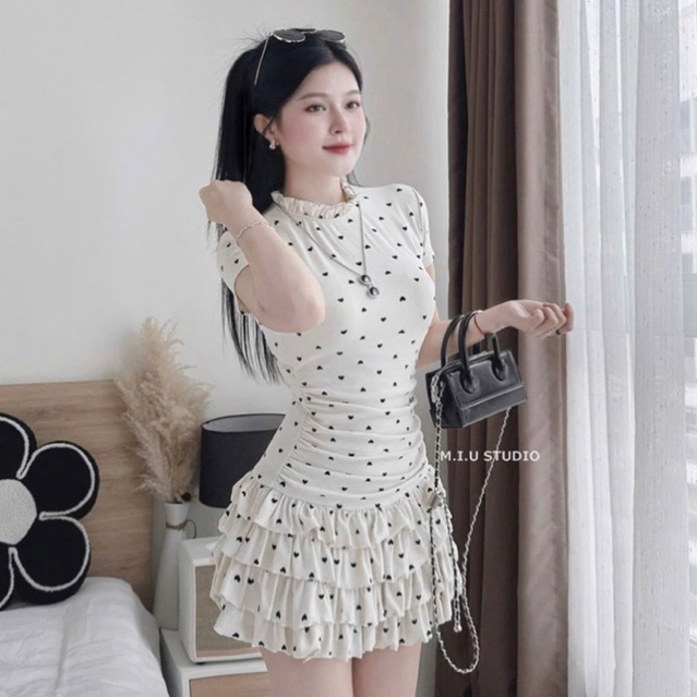 MIU.STUDIO • Váy tim cổ bèo cộc tay thiết kế chân ngắn xoè xếp tầng bèo nhún eo tôn dáng  (kèm quần bảo hộ)