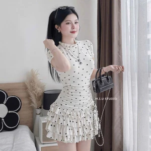 MIU.STUDIO • Váy tim cổ bèo cộc tay thiết kế chân ngắn xoè xếp tầng bèo nhún eo tôn dáng (kèm quần bảo hộ)