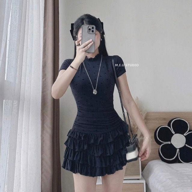 MIU.STUDIO • Váy tim cổ bèo cộc tay thiết kế chân ngắn xoè xếp tầng bèo nhún eo tôn dáng  (kèm quần bảo hộ)