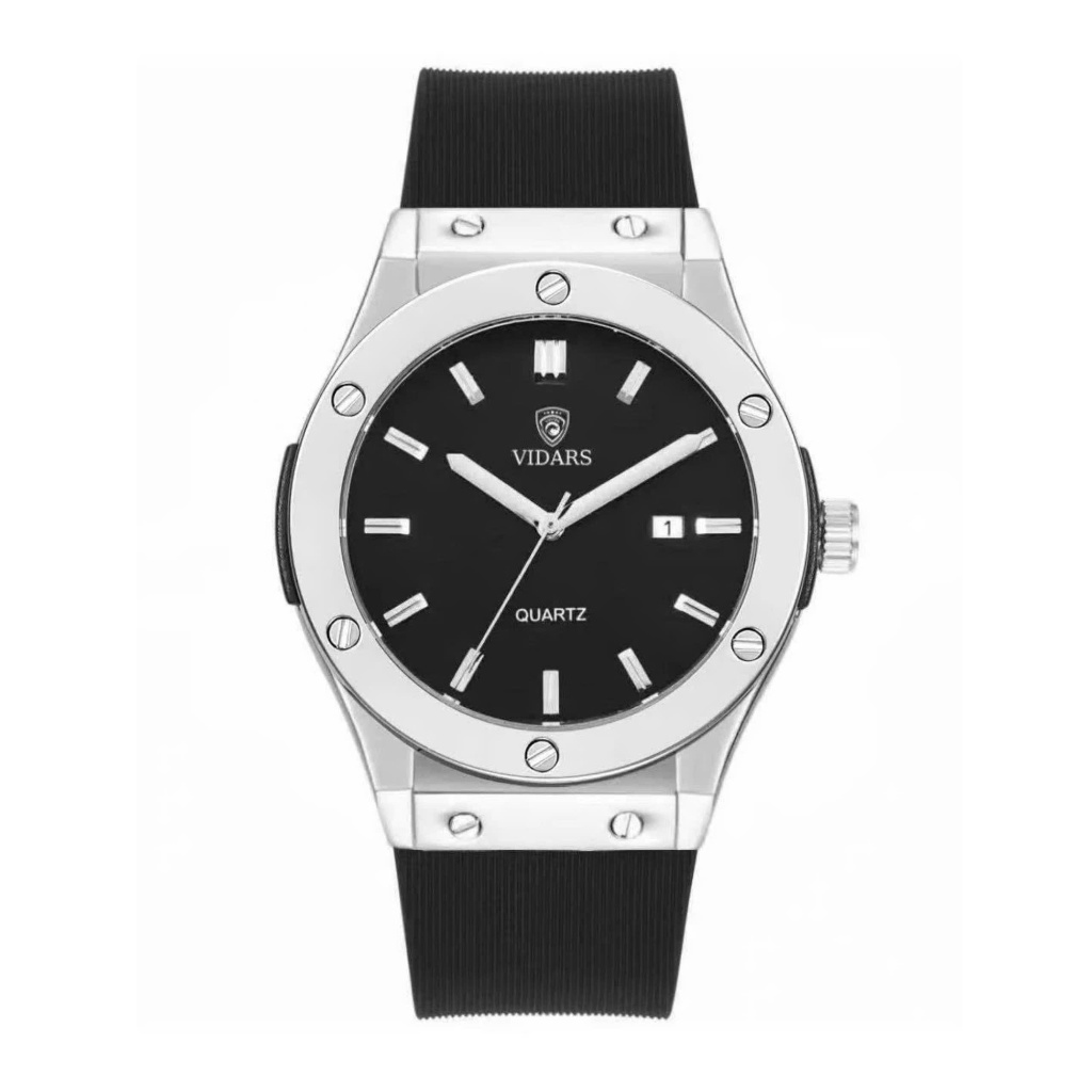 Đồng Hồ Nam VIDARS Size 43mm Viền Đá Khung Đá  Dây Silicone Có Bộ Lịch Ngày Chống Nước 3ATM