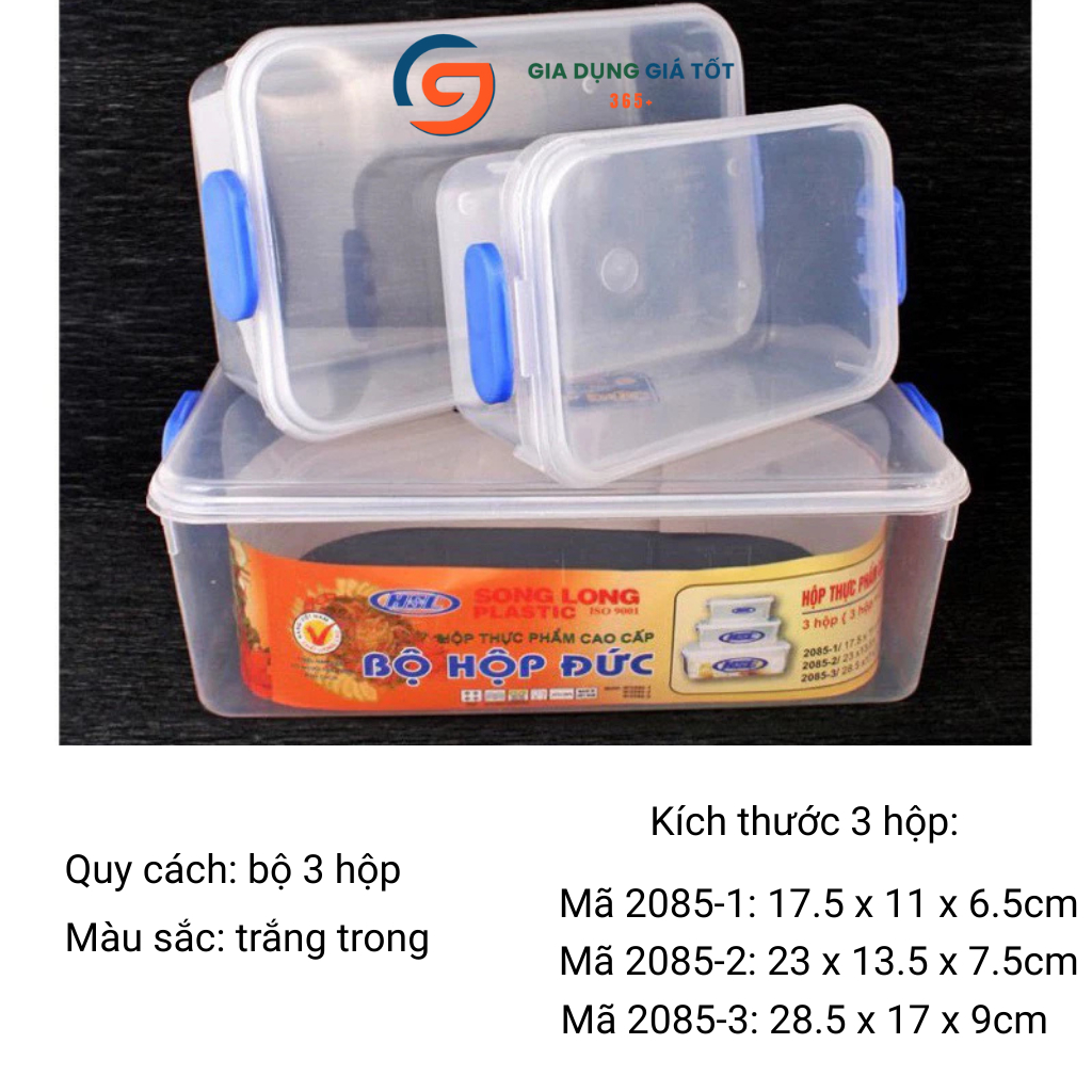 Bộ 3 hộp nhựa đựng thực phẩm Song Long có nắp, hộp bảo quản thức ăn tủ lạnh trong suốt