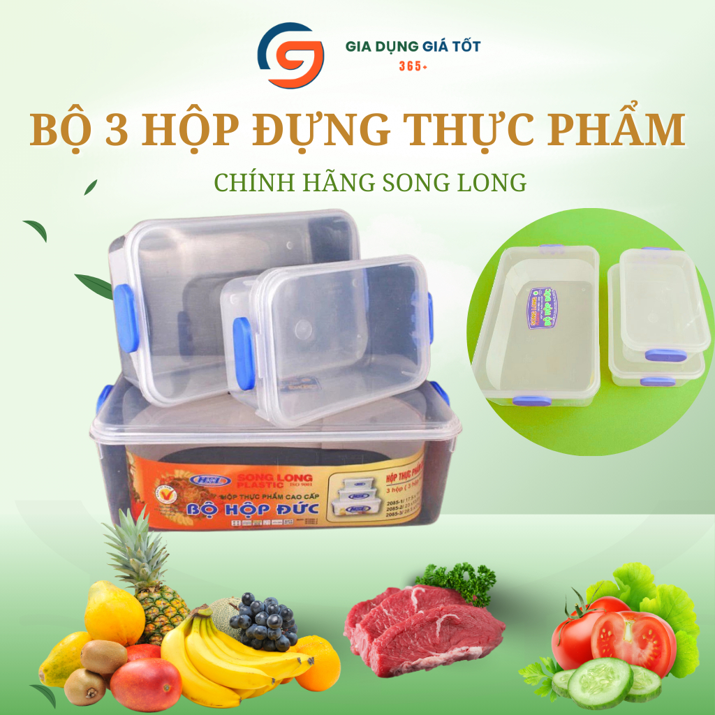Bộ 3 hộp nhựa đựng thực phẩm Song Long có nắp, hộp bảo quản thức ăn tủ lạnh trong suốt