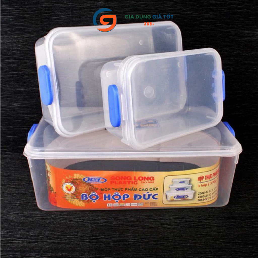 Bộ 3 hộp nhựa đựng thực phẩm Song Long có nắp, hộp bảo quản thức ăn tủ lạnh trong suốt