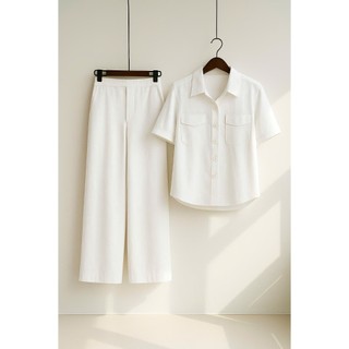 Bộ đũi áo sơ mi CỘC TAY quần xuông dài, set bộ sơ mi đũi cổ đức 2 túi