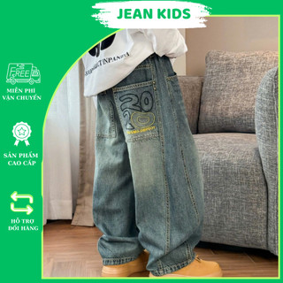 Quần Jean Ống Suông Rộng Cho Bé – Thêu Chữ Cá Tính – Size từ 20kg đến 50kg