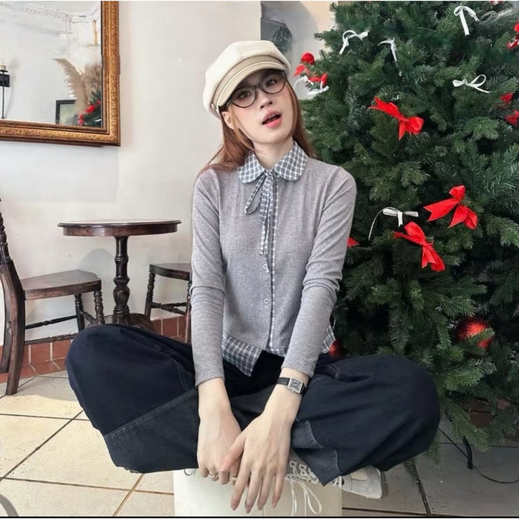 Áo len tăm phối cổ sơ mi kẻ đính nơ cổ siêu xinh, áo kiểu thu đông LABEL A78