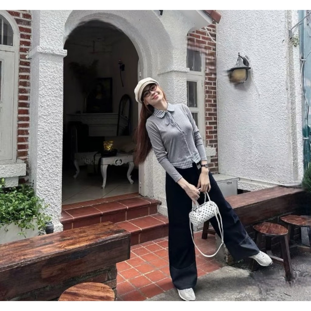 Áo len tăm phối cổ sơ mi kẻ đính nơ cổ siêu xinh, áo kiểu thu đông LABEL A78