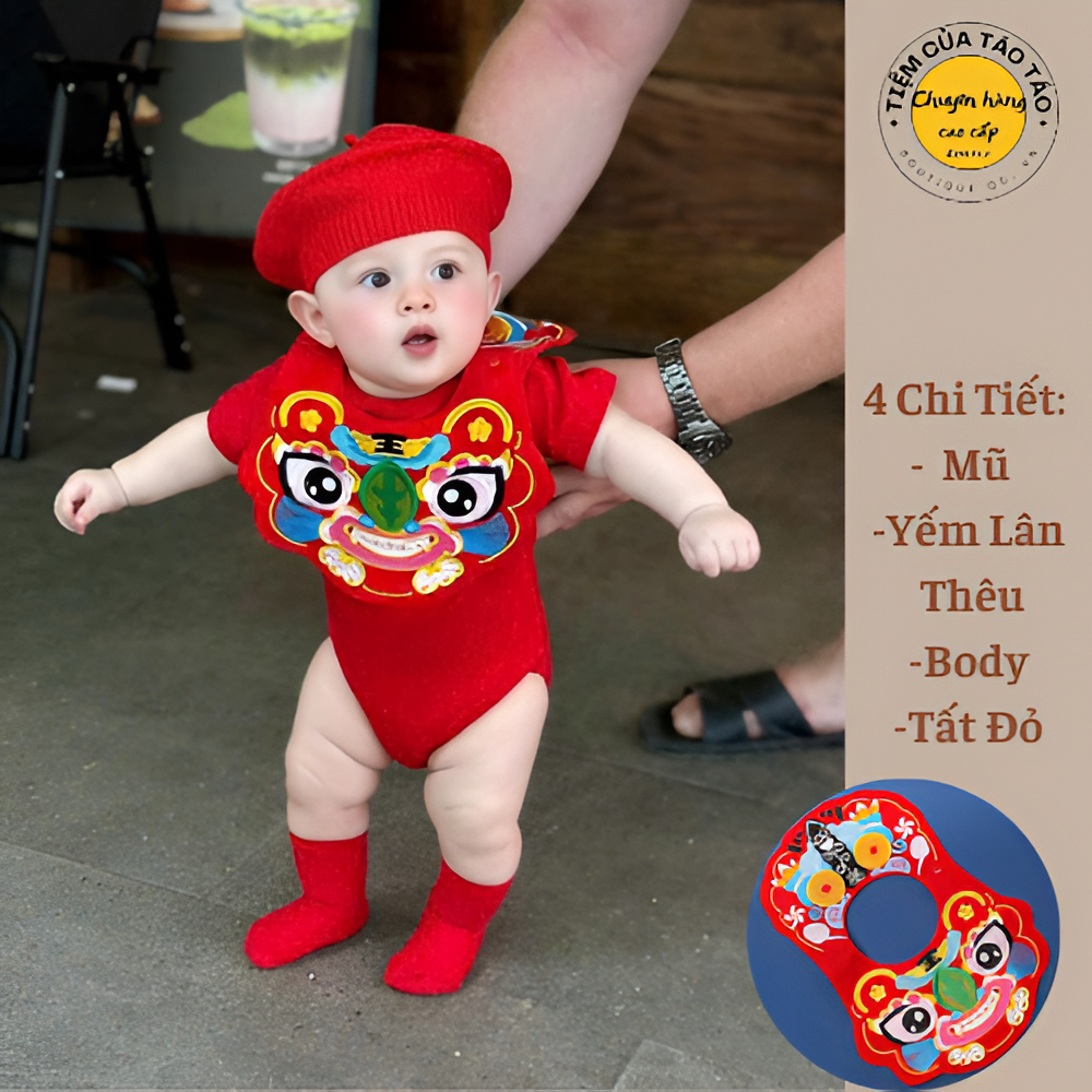 Sẵn Ship- TẶNG TẤT- Set body Tết yếm thêu lân tặng kèm mũ và tất đỏ cho bé trai bé gái phong cách Hàn Quốc size 4-12kg