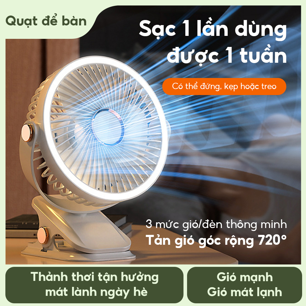Quạt kẹp bàn mini 5 mức độ có đèn led, xoay 360 độ,dung lượng 10000 MHA cổng sạc usb cao cấp DIDooglt