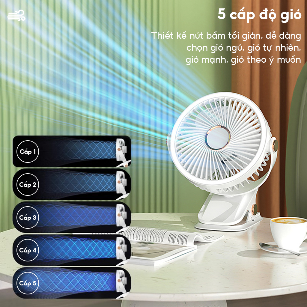 Quạt kẹp bàn mini 5 mức độ có đèn led, xoay 360 độ,dung lượng 10000 MHA cổng sạc usb cao cấp DIDooglt