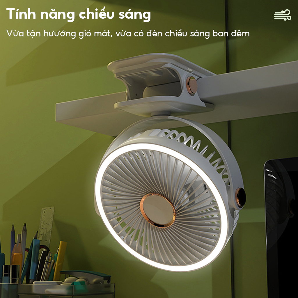 Quạt kẹp bàn mini 5 mức độ có đèn led, xoay 360 độ,dung lượng 10000 MHA cổng sạc usb cao cấp DIDooglt