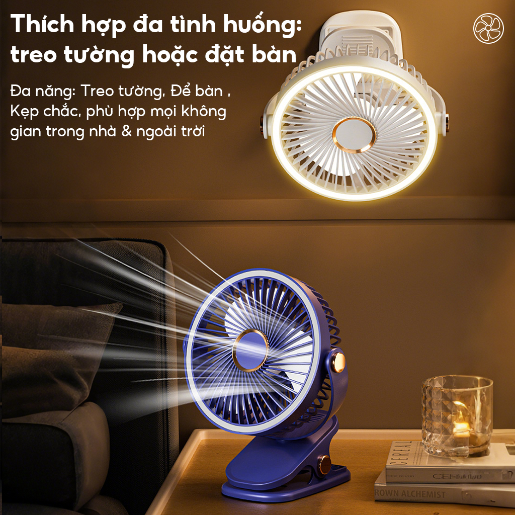 Quạt kẹp bàn mini 5 mức độ có đèn led, xoay 360 độ,dung lượng 10000 MHA cổng sạc usb cao cấp DIDooglt