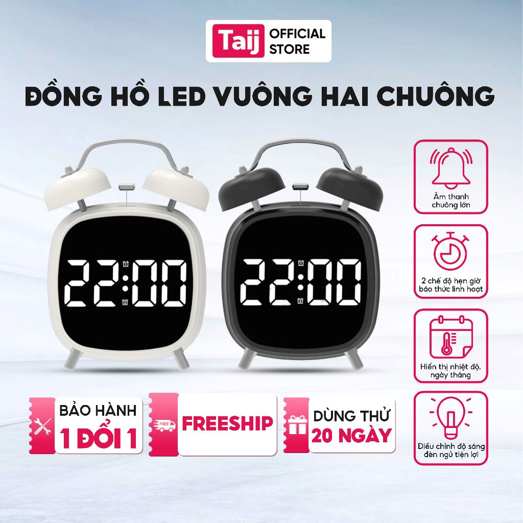 Đồng Hồ Báo Thức, Đồng Hồ Bàn Học Hai Chuông To Hình Vuông Basic Mặt Hiển Thị Đèn LED GH8032