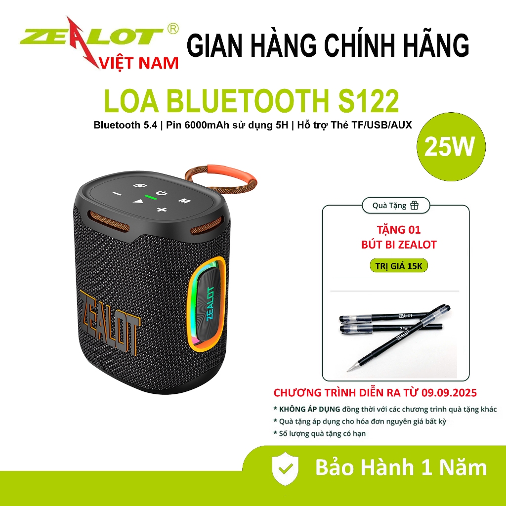 Loa Bluetooth 5.4 Zealot S122 | Công suất 25W | Phát nhạc TF/USB/AUX ...