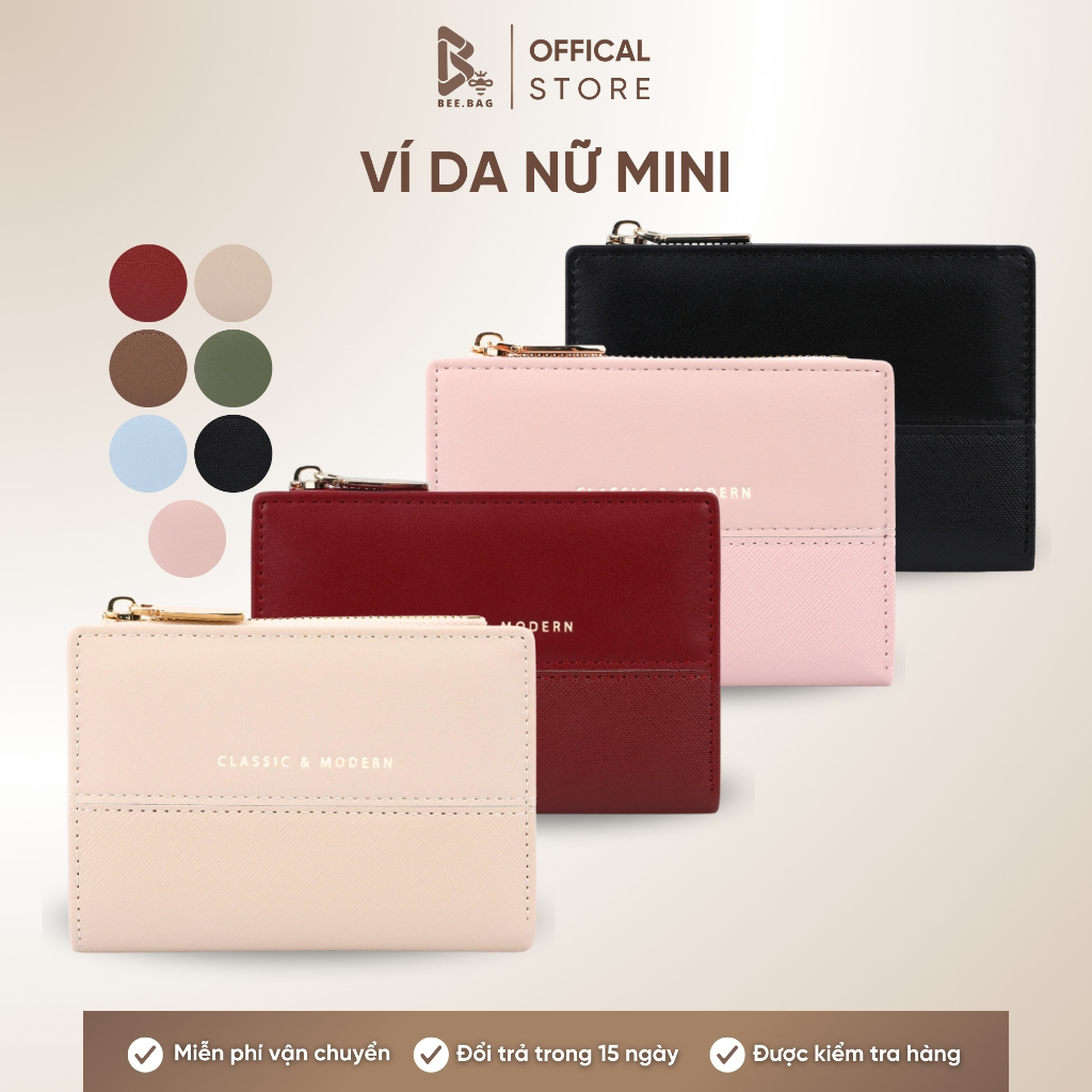 Ví Nữ Mini BEEBAG Ví Đựng Tiền, Đựng Thẻ Da PU Cao Cấp Có Khóa Kéo Vân Caro Sang Trọng