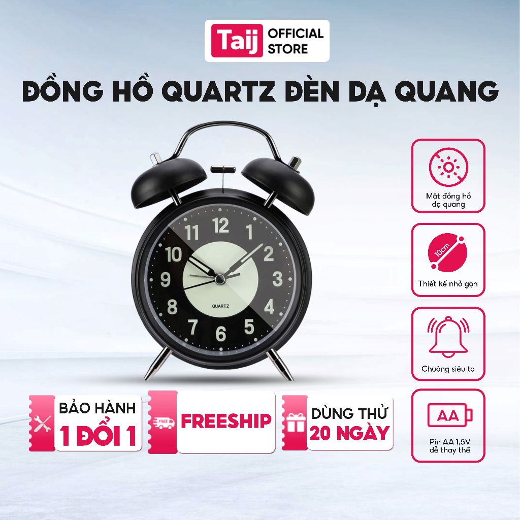 Đồng Hồ Báo Thức - Đồng Hồ Bàn Học Hai Chuông To Có Đèn Ban Đêm Mặt Dạ Quang Quatz Size 8cm và 10cm